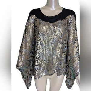 Gilded Metallic Gold & Silver Lace Patterned Batwing Poncho Style Blouse Medium
